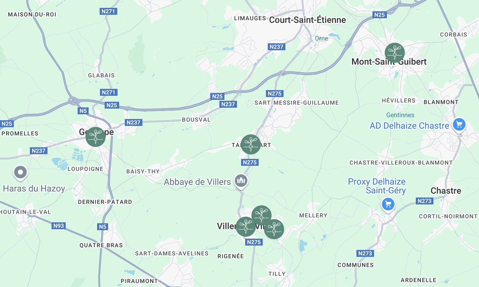 Carte des points relais autour de Villers-la-Ville